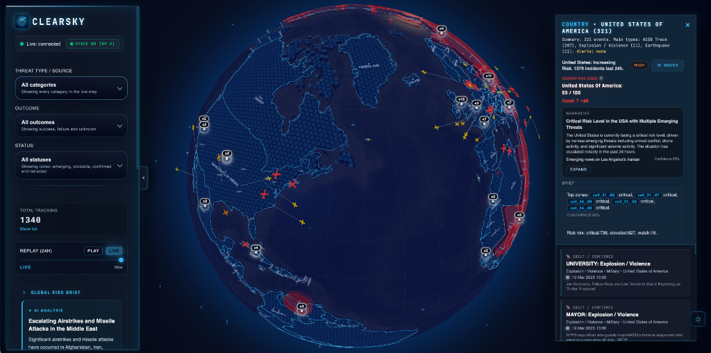ClearSky - Interactive 3D Globe with live threat visualization